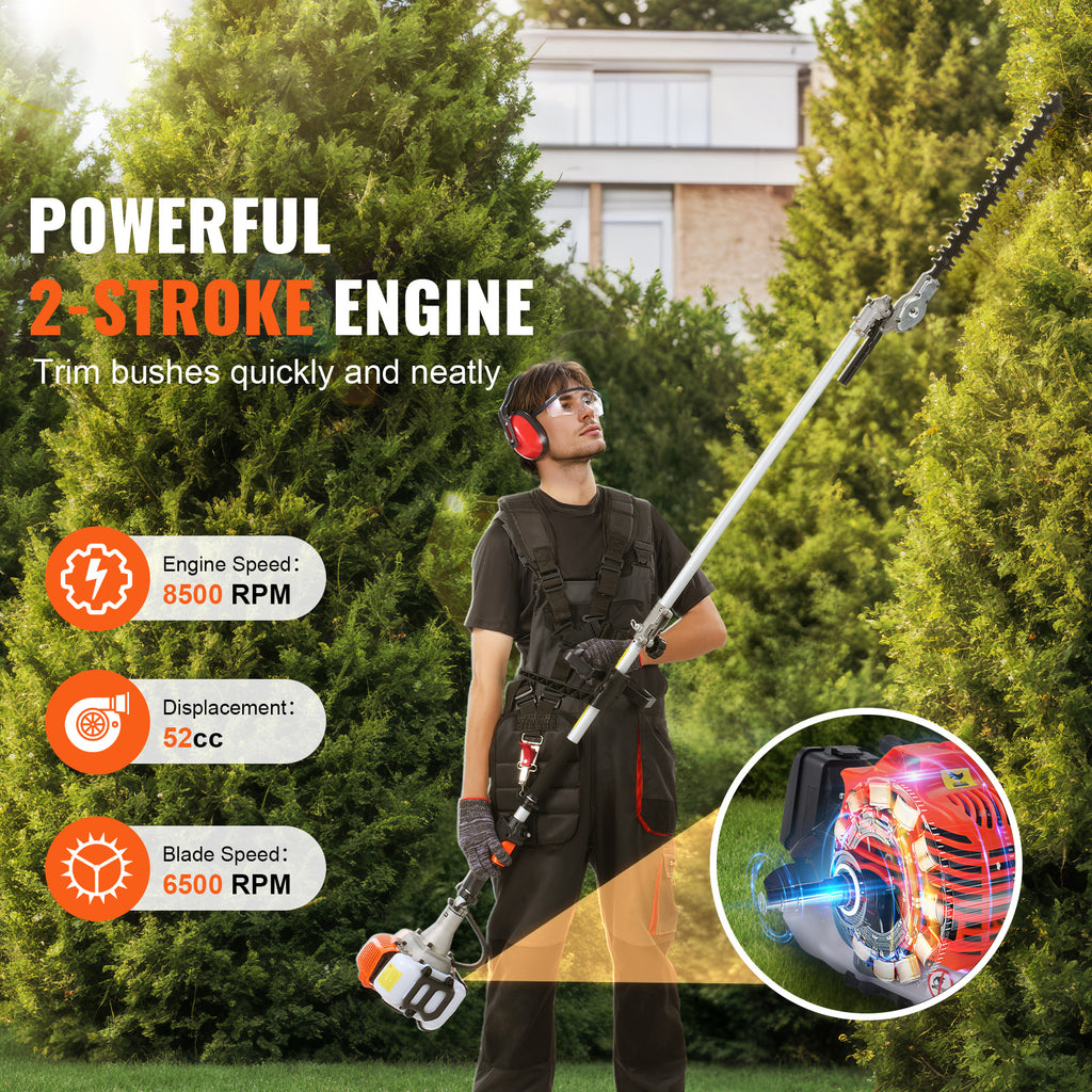 VEVOR 52CC 6-in-1 Multi-Functional Trimming Tools, Gas Hedge Trimmer, Weed Eater, String Trimmer, Brush Cutter, Edger, Pole Saw Chainsaw Pruner with Extension Pole