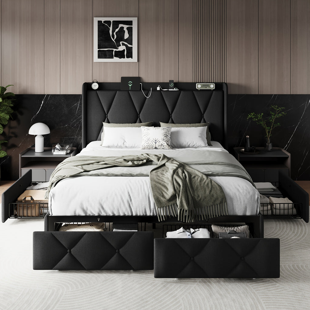 Halence 4 Drawers Storage Bed Frame With Wingback Headboard, Headboard With Built-in Charging Design, Metal And Hardwood Support, Easy Assembly, Suitable For Master Bedroom, Bed Frame Without Mattress