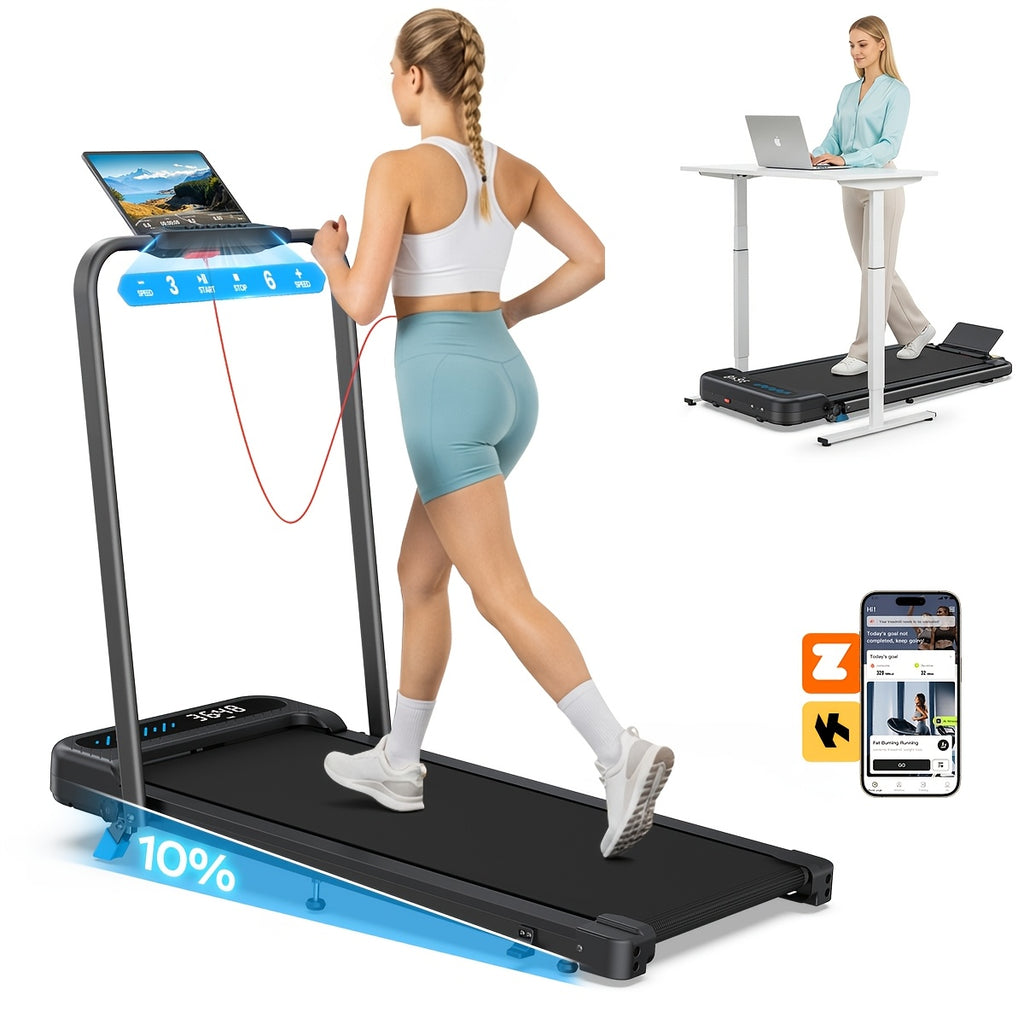 Folding Walking Pad Treadmill with Handle Bar, Low Noise Walking Pad Treadmill for Home Small, 3.0 HP Quiet Walking Pad Treadmill with 350 LBS Capacity, 0.6-6.2MPH, Remote & LED Display, with ZWIFT/KINOMAP APP
