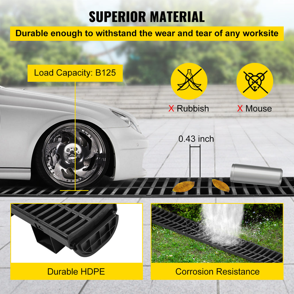 Trench Drain System by VEVOR, 6-Piece Interlocking Channel Drain for Driveways and Garages