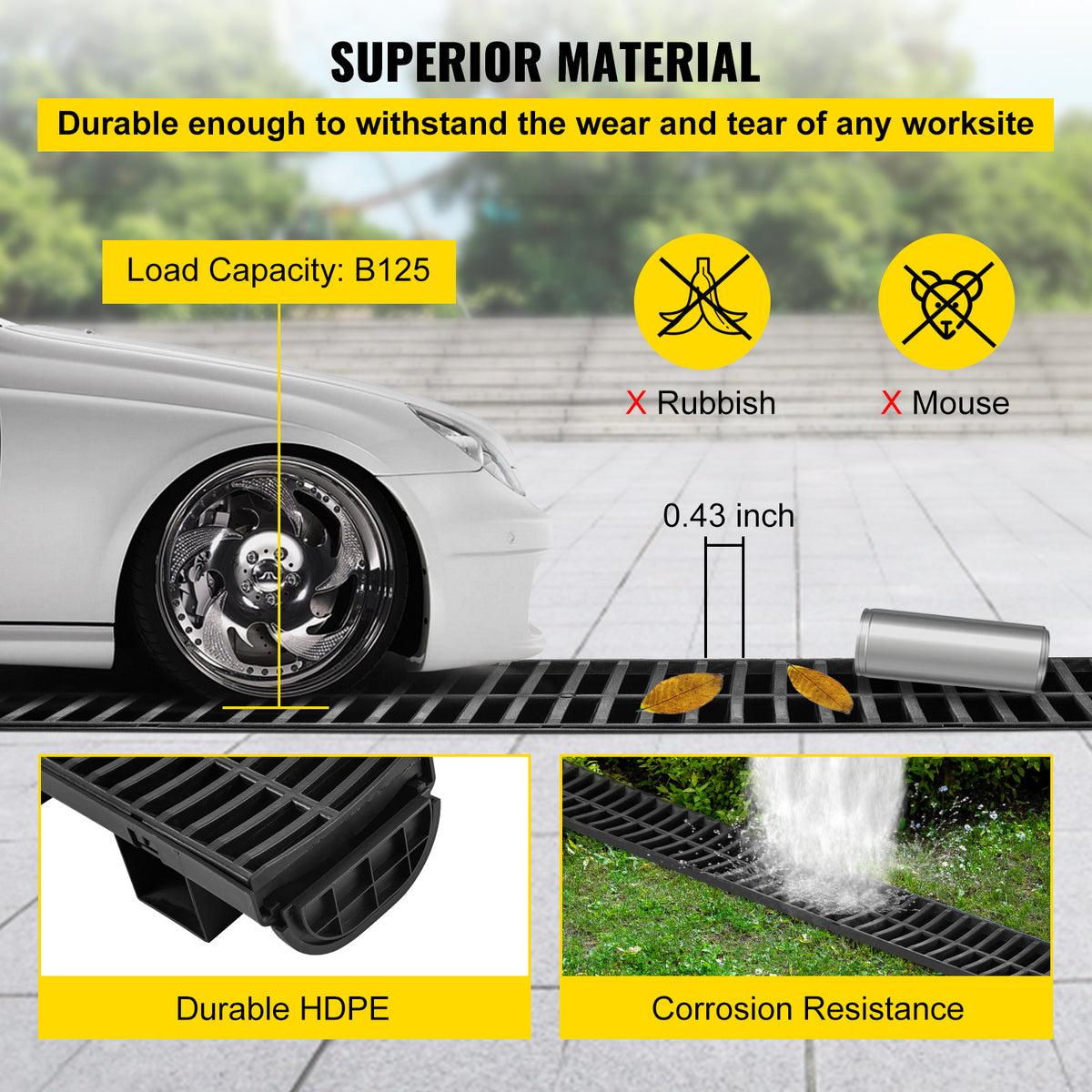 Trench Drain System by VEVOR, 6-Piece Interlocking Channel Drain for Driveways and Garages