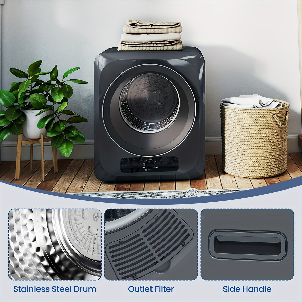 [Portable Electric Dryer] 11Lbs Portable Clothes Dryer, Electric Compact Laundry Dryer With Stainless Steel Tub, 5 Drying Modes, 1.6 Cu.Ft Front Load Portable Dryer Machine For Apartments, Dorms, RVs