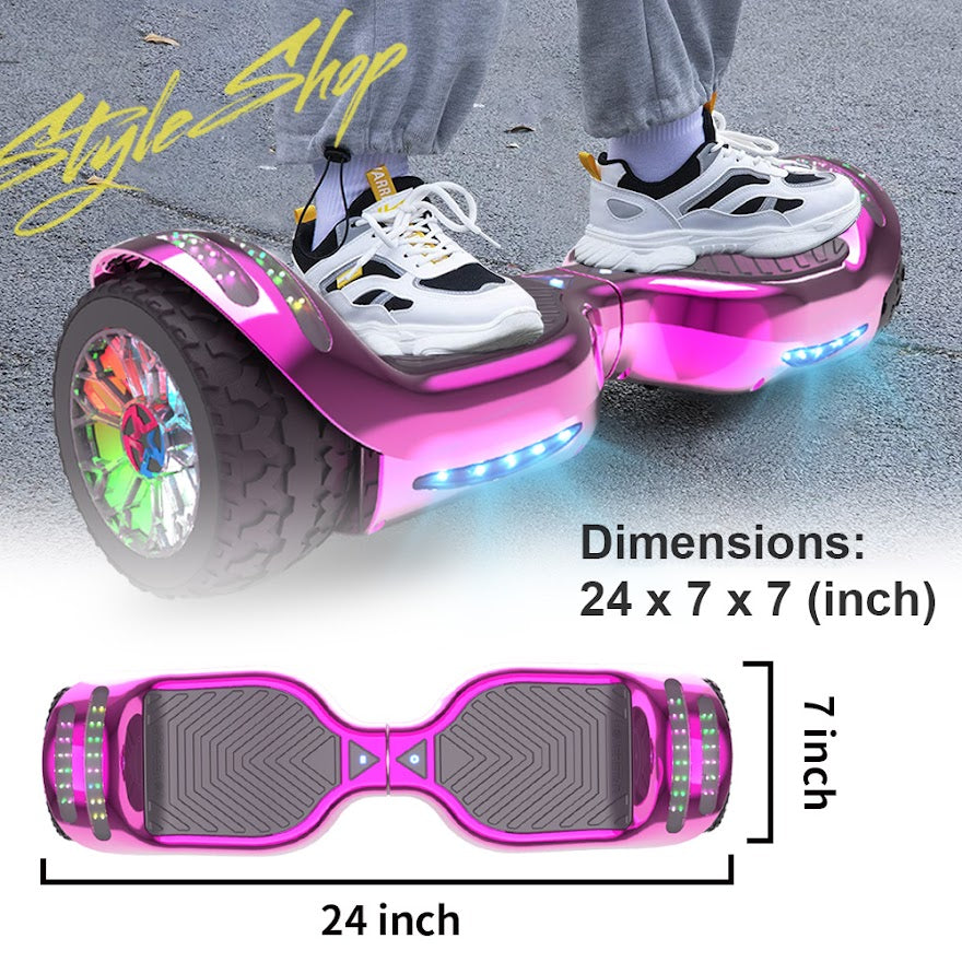6.5-Inch Hoverboard with 10-Mile Range and 7 MPH Top Speed, Self-Balancing Electric Scooter with Dual Motors, Portable Design and Smooth Riding Performance. The compact 6.5-inch wheels provide responsive handling and easy control, while the rechargeable b