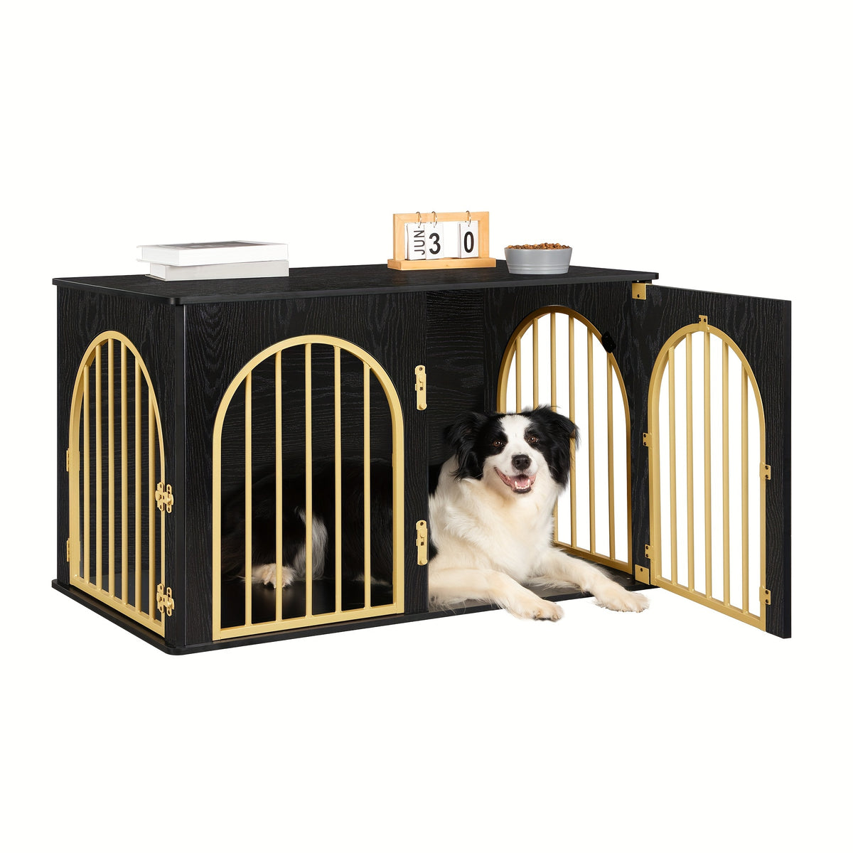 39.4'' Dog Crate Furniture - Dog Kennel Indoor Arched Door Design, Wooden Dog Crate Furniture For Small/Medium/Large Dog, Side Table, TV Stand, Anti-Chew, Anti-Escape - Rustic Brown, Black Gold, Greige Black, White Brown - For Dog Owners - Provides Safe &