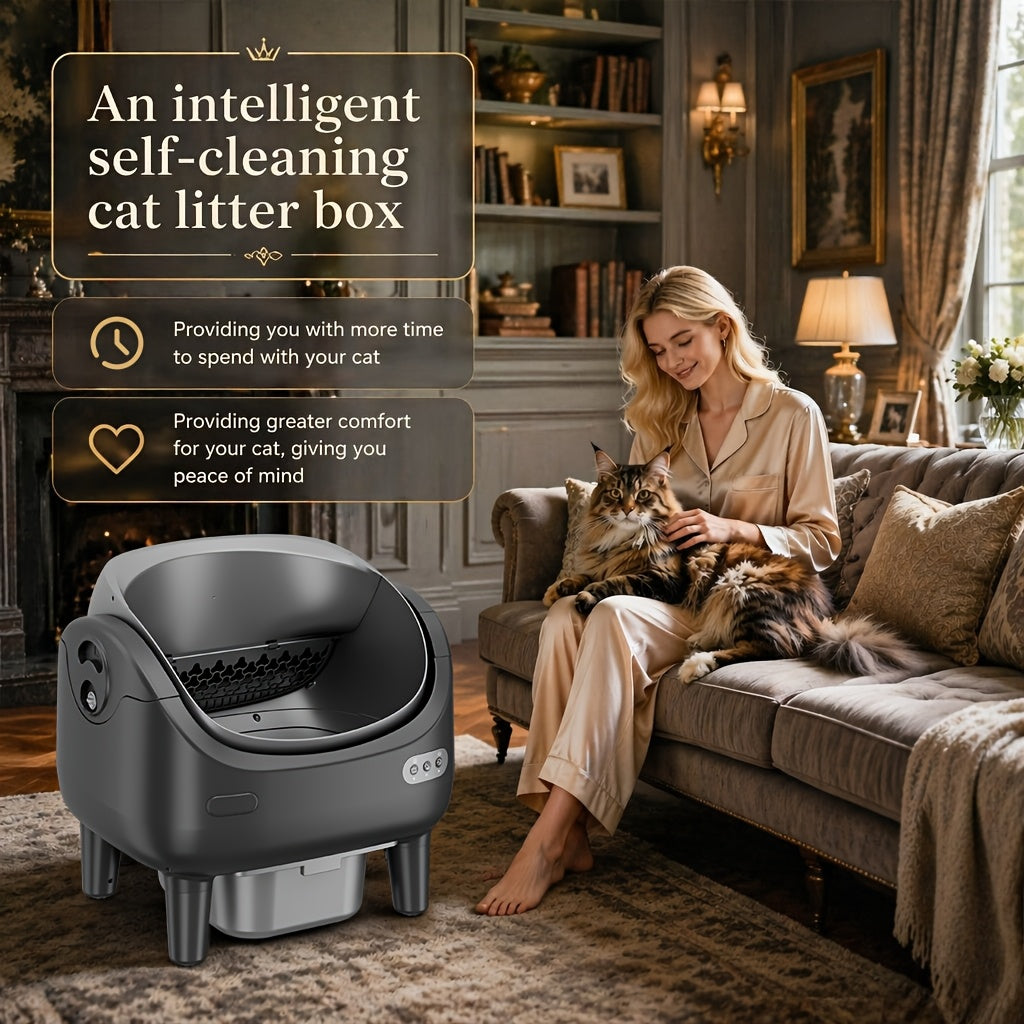 [Self-Cleaning Litter Box] Extra-Large Smart Self-Cleaning Litter Box with Built-In Sterilizing Light for Double Deodorization, Large-Capacity Waste Tray, 14-Day Automatic Cleaning, Open Design, Ideal Choice for Busy Households, Without Battery