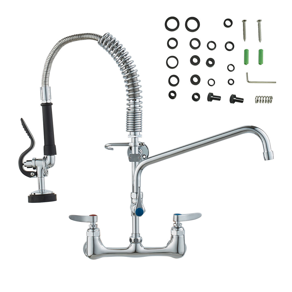 VEVOR Commercial Faucet with Pre-Rinse Sprayer, 21" Height, 8" Center, 12" Swing Spout, Wall Mount Kitchen Sink Faucet, Brass Constructed Device with Pull Down Spray, for 1/2/3 Compartment Sink