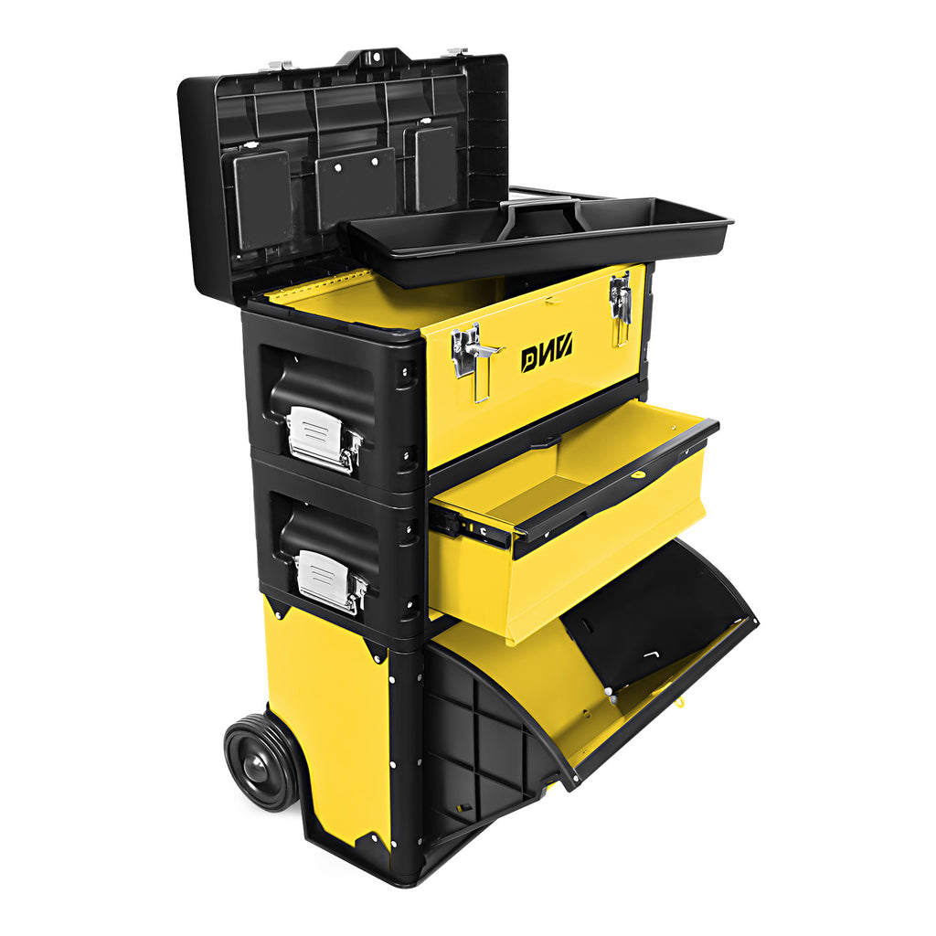 3-Tier Stackable Separate Hand Case Tool Boxes Trolley, 3-in-1 Storage Compartments, 19.5" x 12" x 28.5"