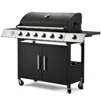 Grill with Side Burner & Cast Iron Grates, Lockable  Wheels, Barbecue Grill with 395 Square Inches Large Cooking Area, Camping Grill for Barbeque and Outdoor Cooking, Black