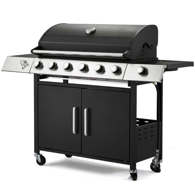 Grill with Side Burner & Cast Iron Grates, Lockable  Wheels, Barbecue Grill with 395 Square Inches Large Cooking Area, Camping Grill for Barbeque and Outdoor Cooking, Black