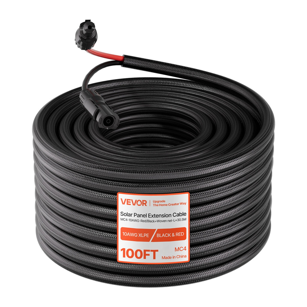 VEVOR 100FT Solar Panel Extension Cable, 10 AWG, Solar Panel Wire with Flame Retardant Protective Sleeving, Female and Male Connectors, PV Wire, for Outdoor Automotive RV