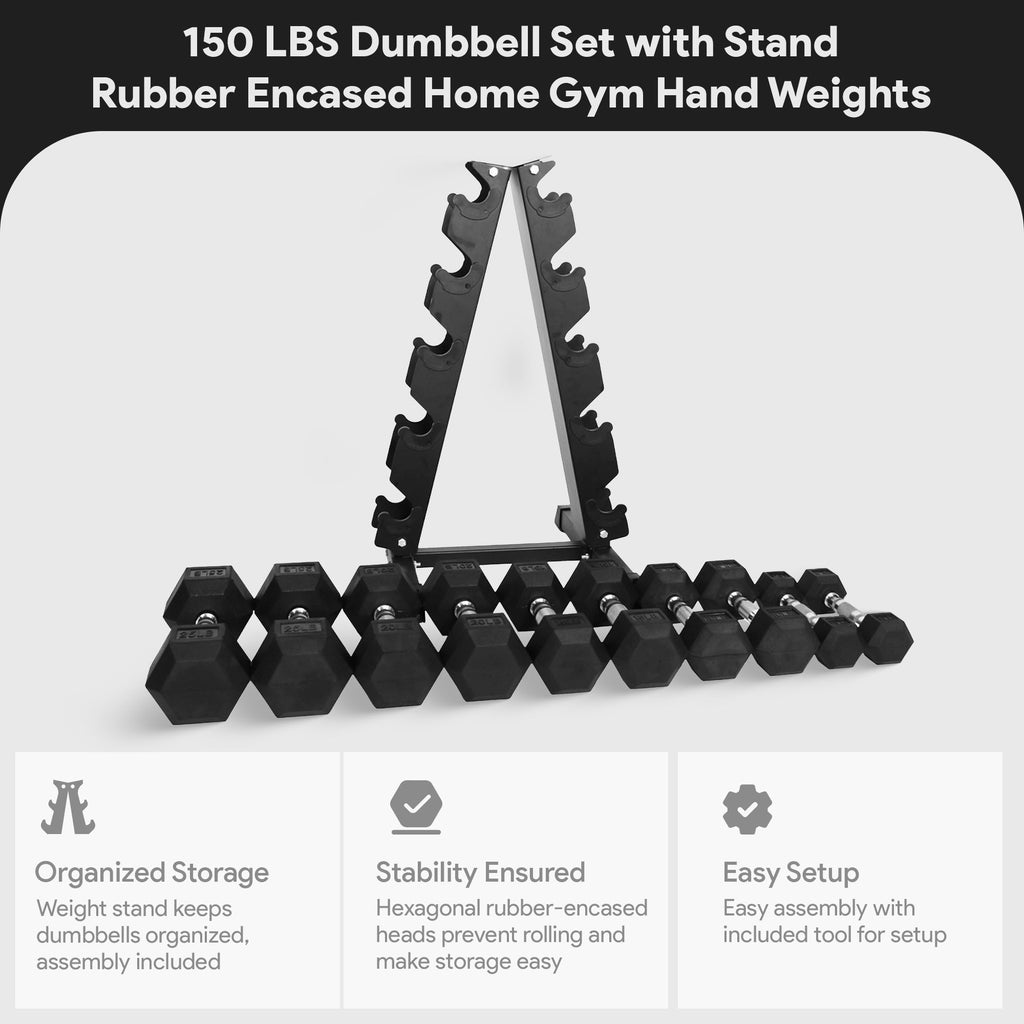 BalanceFrom Dumbbell Set with Stand, 5 Pair Rubber Encased Hand Weights, Home Gym Fitness Equipment, 150 Lb, Black