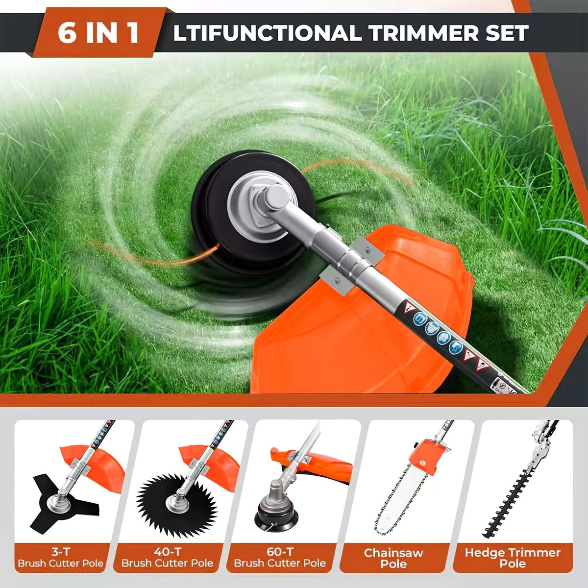 62CC 2-Stroke Gas Powered Weeder, 2HP, 8500RPM, 6-in-1/ 2-in-1 Multi-Tool: Gas Hedge Trimmer, Lawn Mower, Chainsaw & Extension Pole Pruner, for Garden, Farm & Courtyard Landscaping Maintenance
