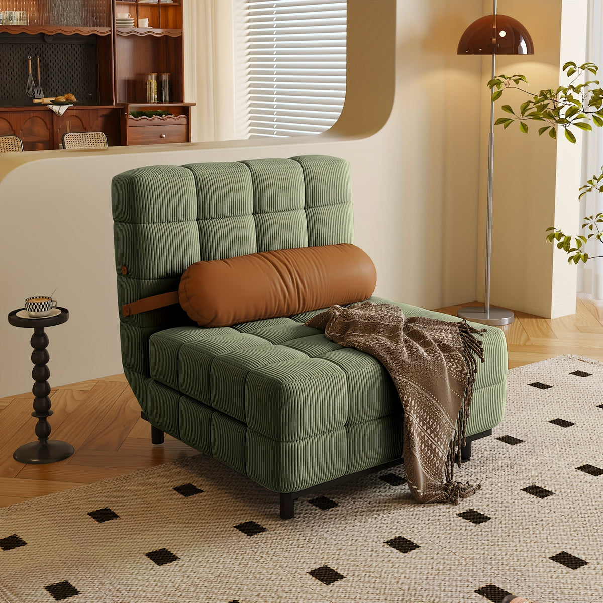 Convertible Single Sofa Bed | Foldable Chair Bed Sleeper with Adjustable Backrest & Pillow - Plush Corduroy Upholstery, Durable Metal Frame, Tufted Design for Living Room (Cream Beige/Brown)