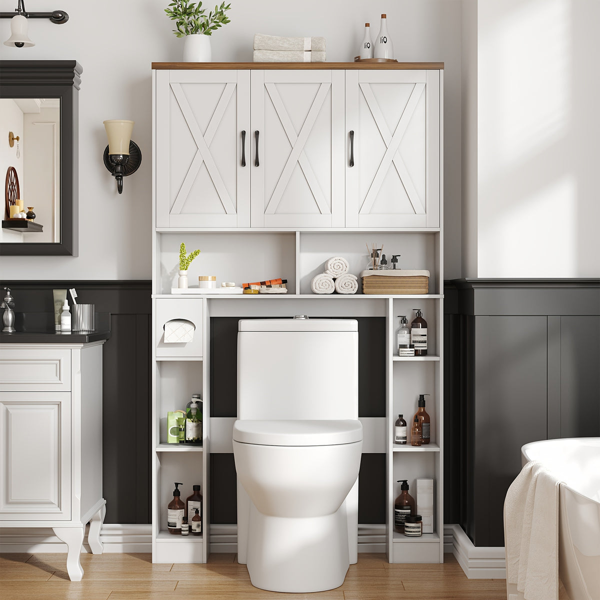 Over-The-Toilet Storage Cabinet with 3 Barn Doors - Farmhouse -Standing Bathroom Organizer, Space-Saving Suitable for Bathroom, Restroom, Laundry Room, Shelves, Toilet Paper Holder & Towel Rack, Assembly Required ( Color:)