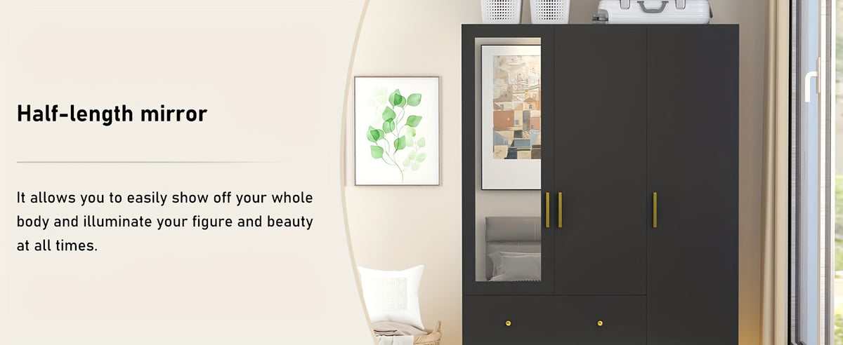 Modern Wardrobe Closet with Mirror And LED Lights, Bedroom Armoire with Drawers And Shelves, Wooden Closet Cabinet with Hanging Rod