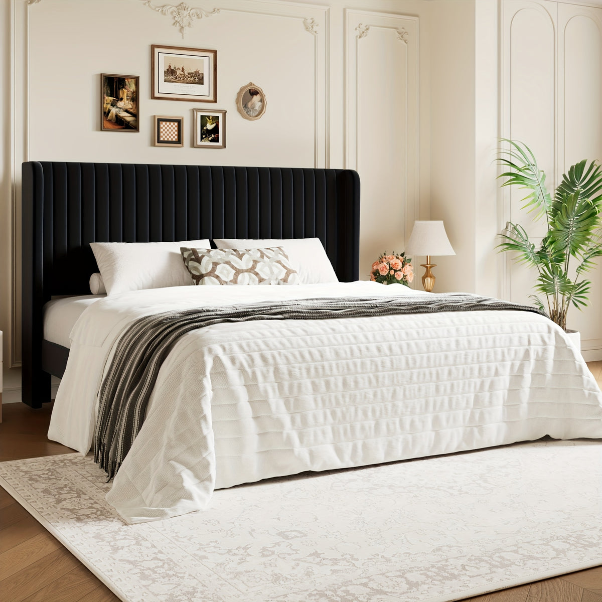 WEEWAY Wingback Velvet Upholstered Platform Bed Frame, Vertical Channel Tufted Headboard, Wooden Slats Support, Heavy Duty Mattress Foundation, No Box Spring Needed, Easy Assembly, Avabliable Full/Queen/King Size, Free Shipping