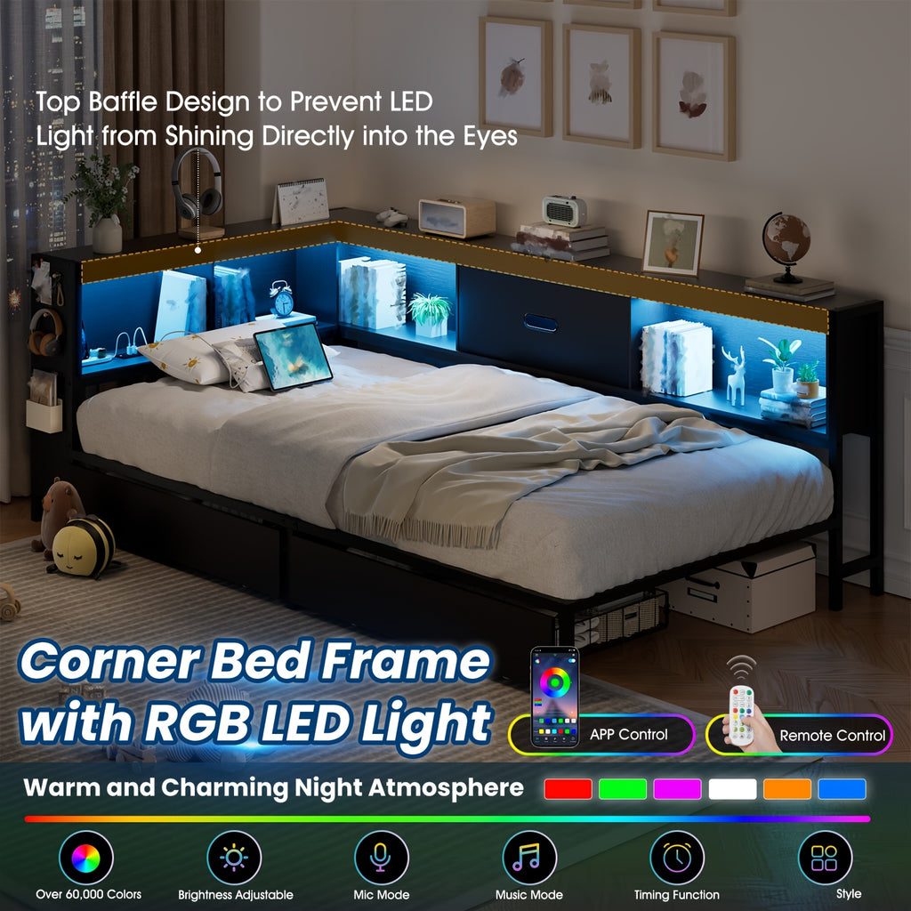 Corner Bed with Storage Bookcase and LED Light, Daybed with 2 Underneath Storage Drawers & Charging Station, Twin Bed Frames for Bedroom
