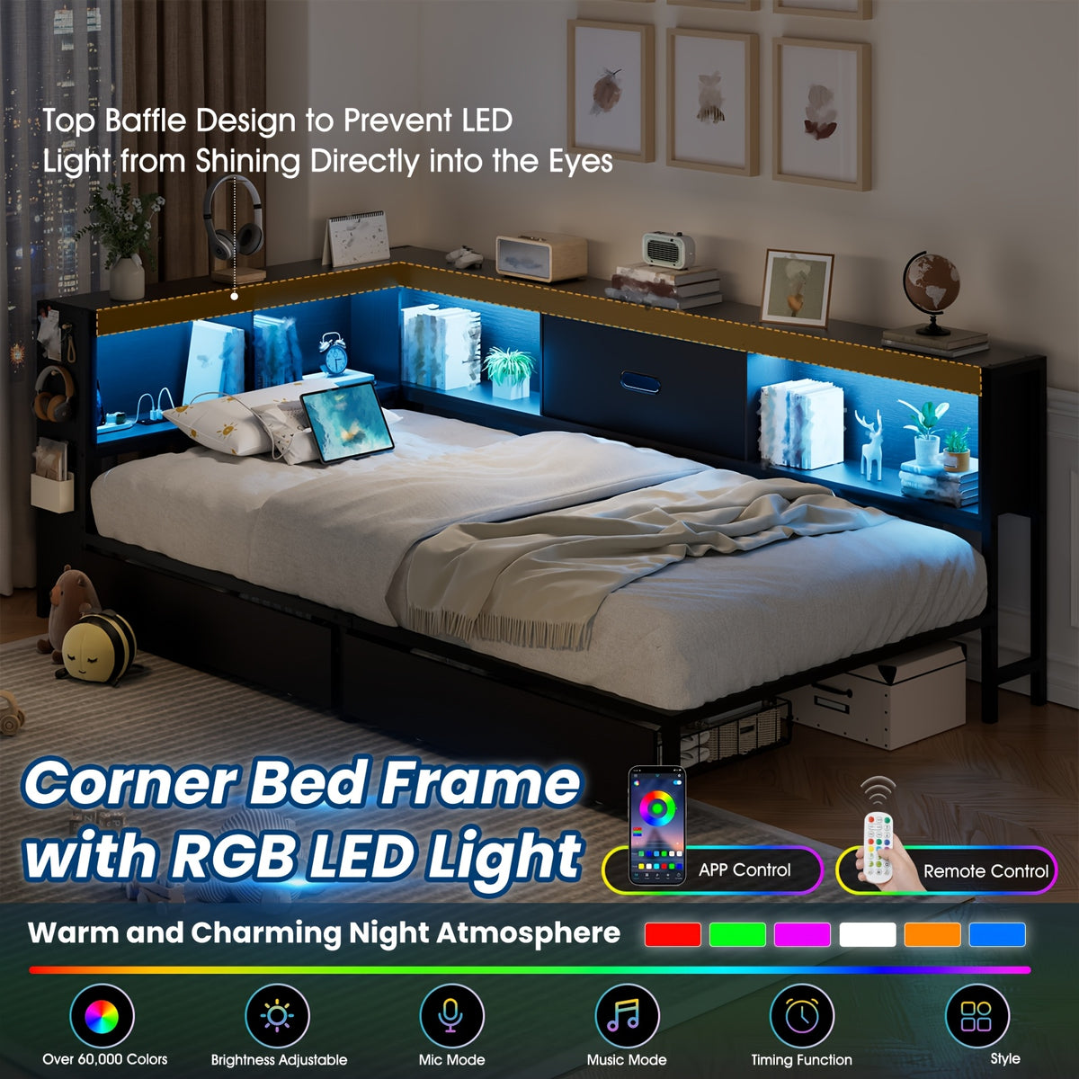Corner Bed with Storage Bookcase and LED Light, Daybed with 2 Underneath Storage Drawers & Charging Station, Twin Bed Frames for Bedroom