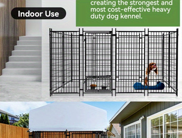 SNDM Outdoor Dog Kennel for Large Dogs, Heavy Duty Welded Wire Steel Dog Playpen Fence with Secure Lock, Dog Pen with Waterproof Roof Cover and 2 Rotating Dog Bowls for Small/Medium/Large Dogs