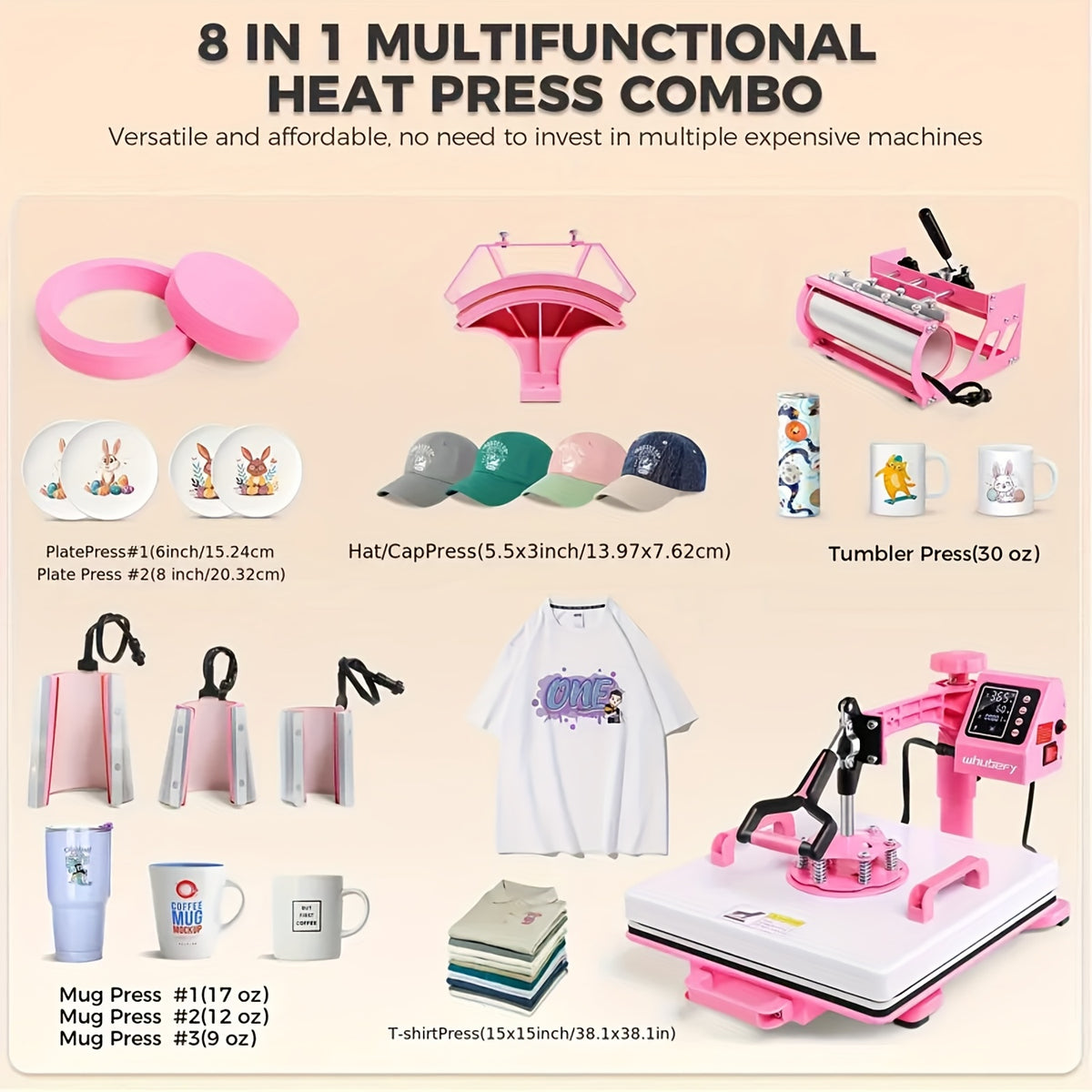 15"x15"/12"x15" - 8-in-1/5-in-1 Heat Press Machine Combo, Rotatable Design, Multi-Size Transfer Sublimation Combo, Suitable for T-shirts, Bags, Pillows, Hats, Beanies, Rollers - The 3-in-1 Automatic Hat Heat Press Can Only Press Hats