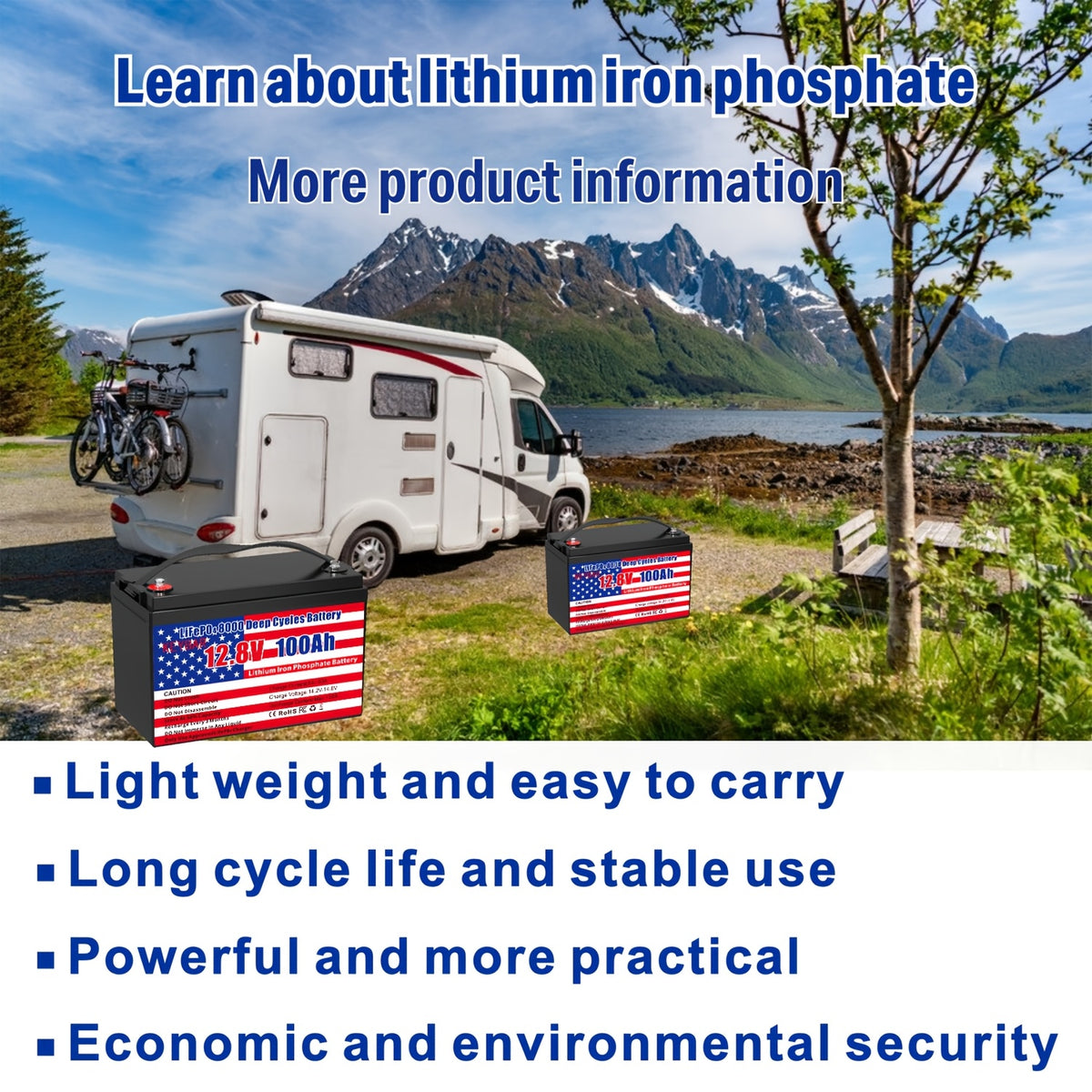12v 100Ah LiFePO4 Battery Deep Cycle Battery 8000+ Cycles 100A BMS Rechargeable Lithium Iron Phosphate Battery Low-Temp Protection, For RV Marine And Home Energy Storage