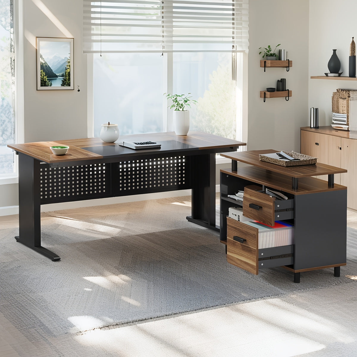 62.99" L Shaped Desk with Drawers And Storage, Farmhouse Computer Desk with File Drawers, Corner Executive Desk with Open Shelves for Home Office