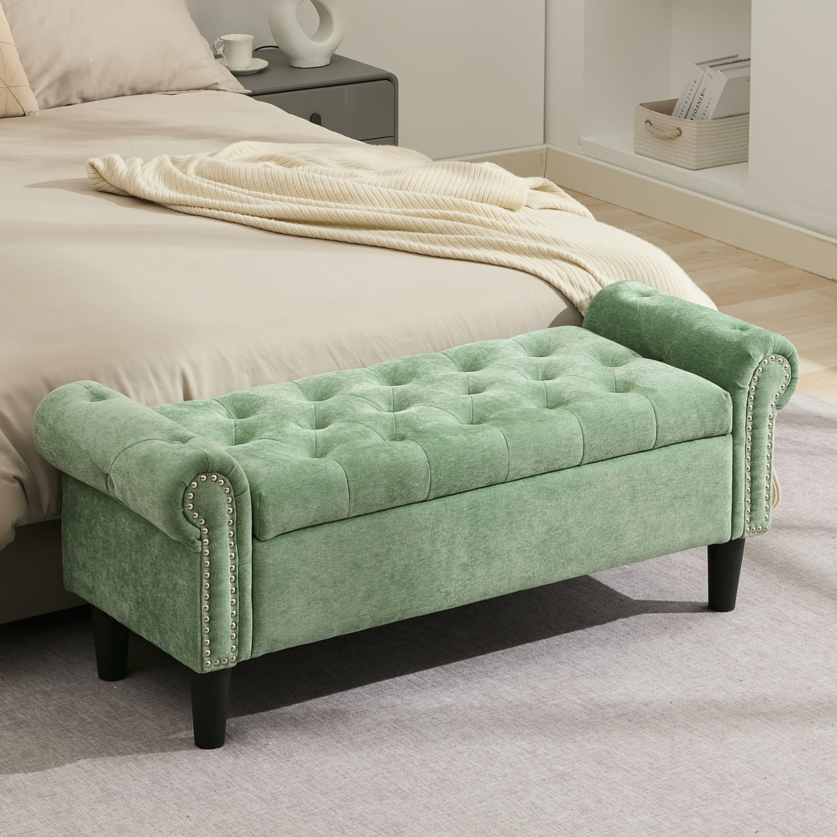 Storage Ottoman with Seat, Safety Hinge Storage Bench, Chenille Fabric, Cushion Storage Bench with Seat, for Bedroom, Living Room