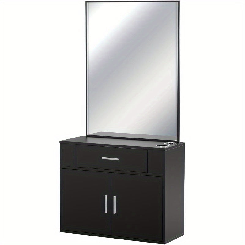 OmySalon Wall Mount Salon Station with Mirror, Hair Styling Barber Station, Beauty Salon Spa Equipment with 1 Drawer, 1 Storage Cabinet, 2 Hair Dryer Holders, Black