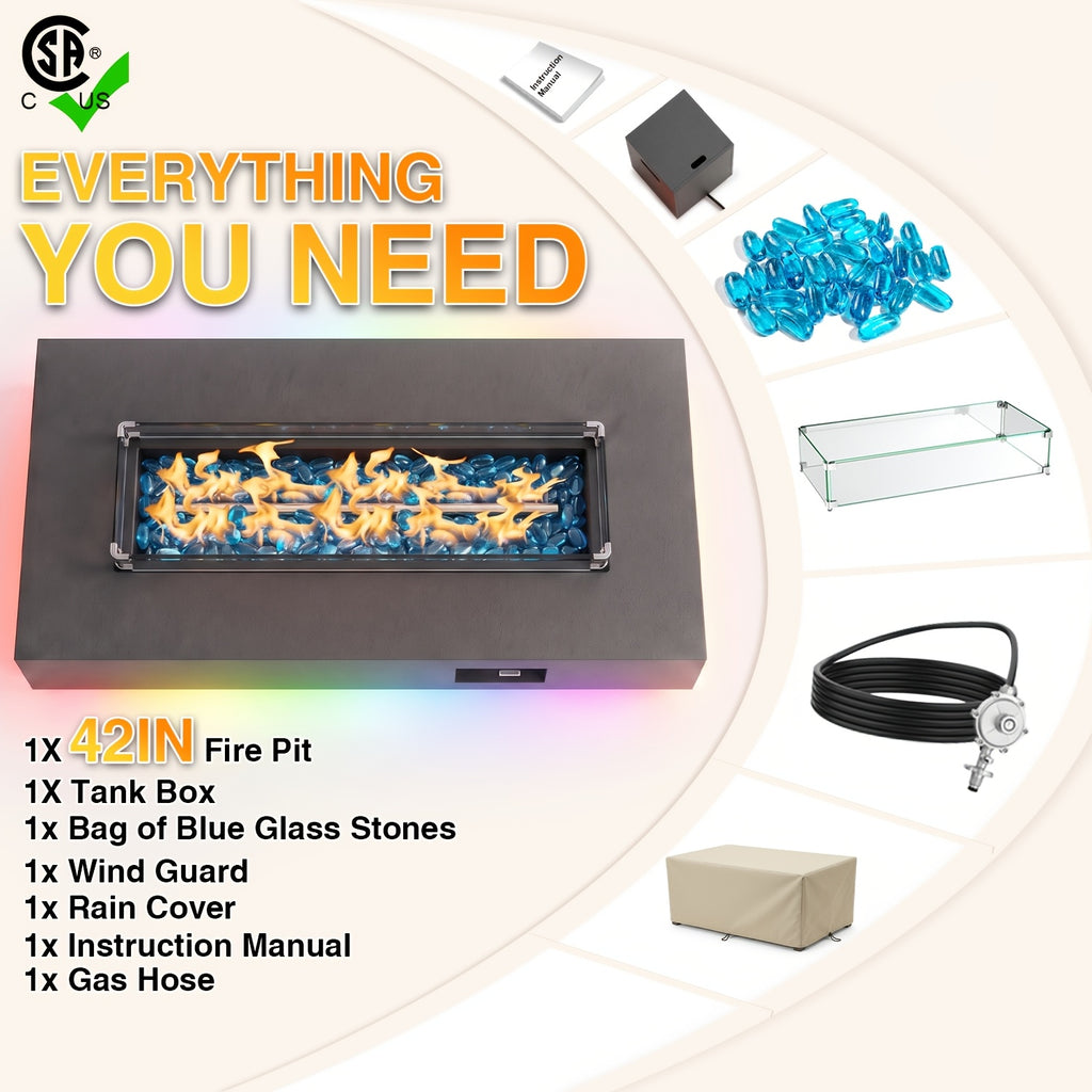 1pc 42 Inch Rectangular Propane Fire Pit Table 50, 000 BTU, Outdoor Gas Firepit With Lid, Blue Fire Glass & Glass Wind Guard, RGB/Warming Light, Includes Rain Cover For Patio, Backyard Deck (Black/Grey/Light Grey)