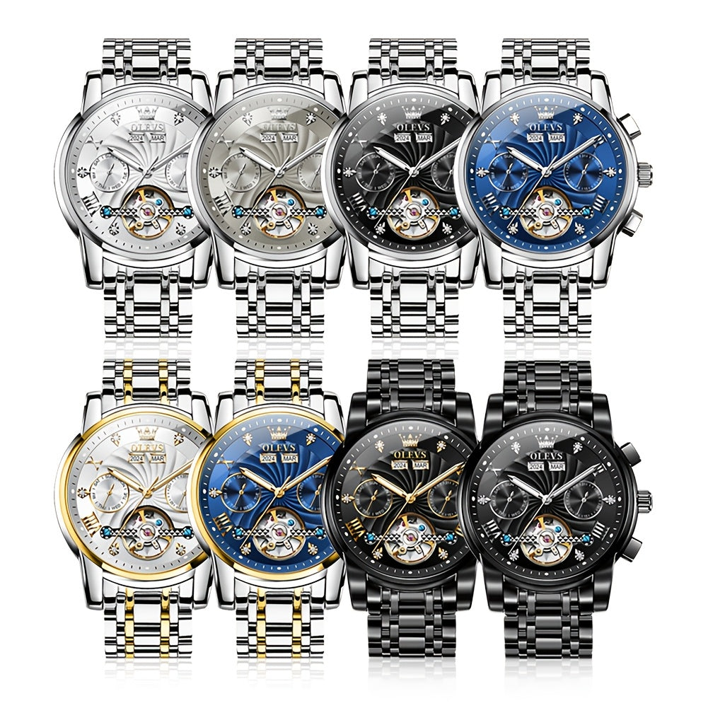 OLEVS Men's Mechanical Watch — Automatic Stainless Steel Wristwatch with Luminous Dual-Calendar Large Dial
