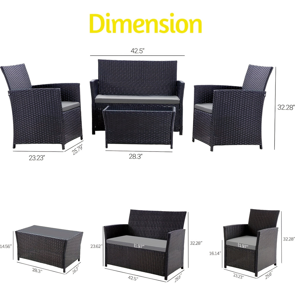 Outdoor Sectional Sofa Set with Tempered Glass Table — 4-Piece PE Wicker Patio Conversation Set