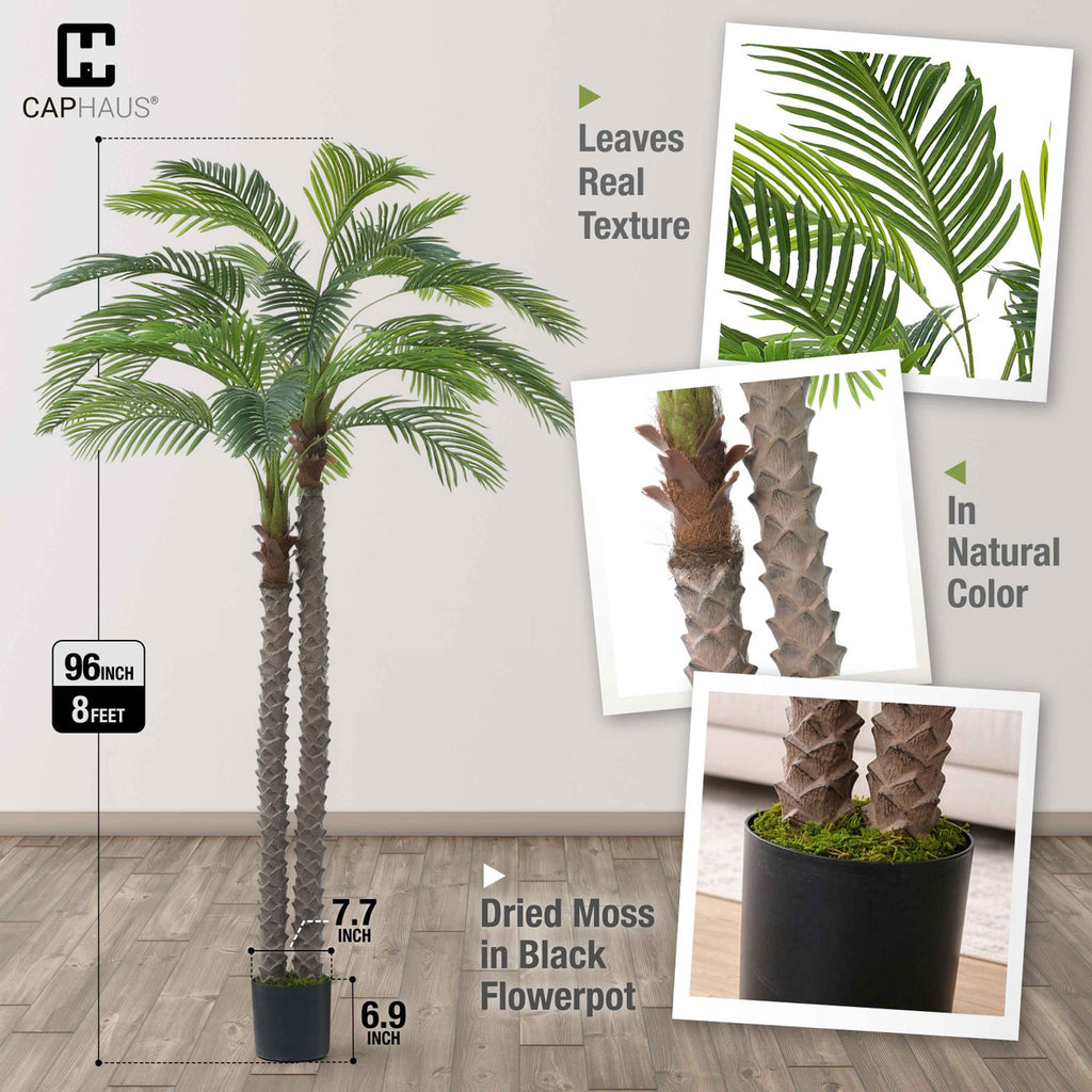 CAPHAUS 10FT Artificial Phoenix Palm Tree, Double Stem Faux Palm with Black Pot, Realistic Fake Plant for Indoor Outdoor Home Office Patio Décor, Low Maintenance Large Artificial Palm Tree