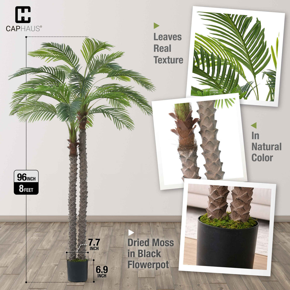 CAPHAUS 10FT Artificial Phoenix Palm Tree, Double Stem Faux Palm with Black Pot, Realistic Fake Plant for Indoor Outdoor Home Office Patio Décor, Low Maintenance Large Artificial Palm Tree