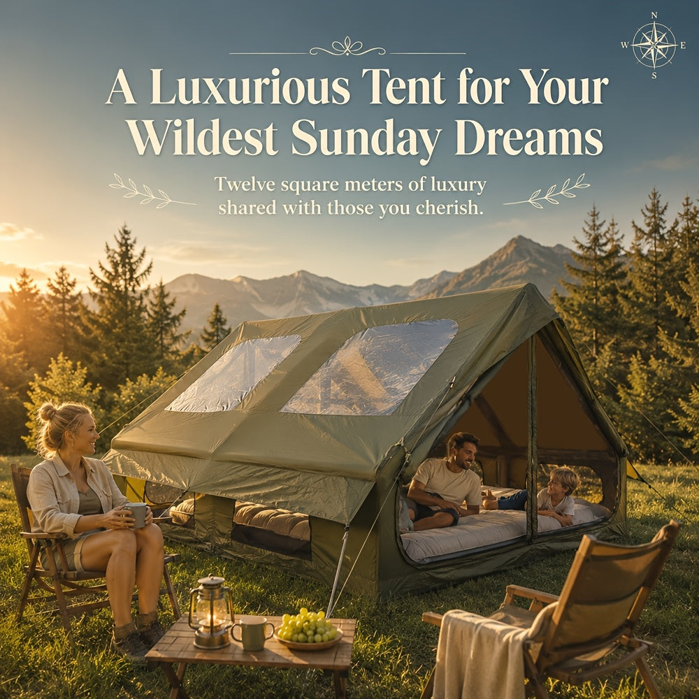 Inflatable Camping Tent（Optional: Skylight, Stove Jack） for 4-6 Person,4 Season Camping Tent, Large Luxury Air Tent with Manual Pump, Easy Setup Portable Glamping House, High Quality Windproof Family Outdoor Shelter Best Valentine's Day Gifts