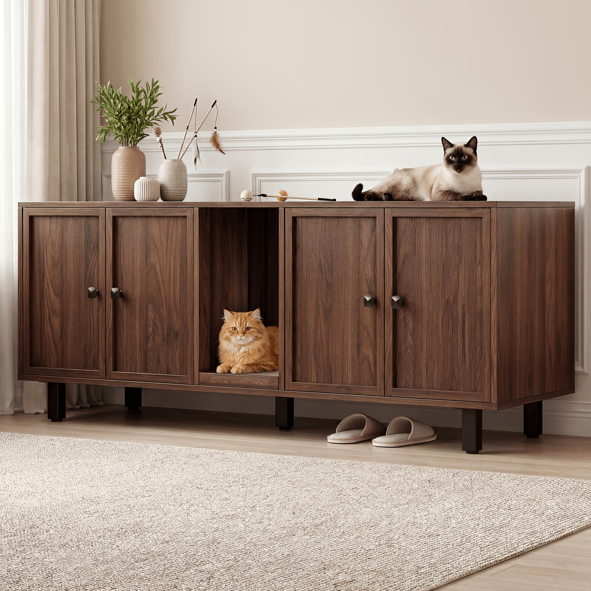 [Cat Litter Box Enclosure] 59 Inches Cat Litter Box Enclosure for 2 Cats, Hidden Litter Boxes Furniture with Cat Scratch Pad, Large Indoor Cat House with Double Room, Wooden TV Stand Side Table, Black