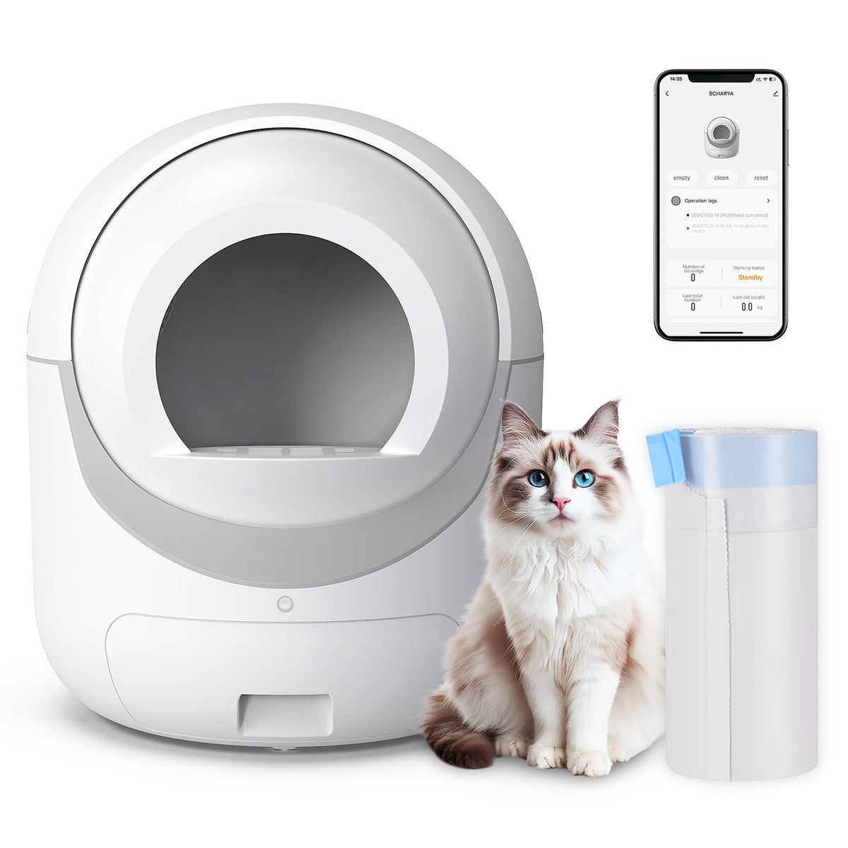 Self Cleaning Cat Litter Box, Automatic Cat Litter Box with APP Control Odor Removal Safety Protection for Multiple Cats, with Garbage Bags