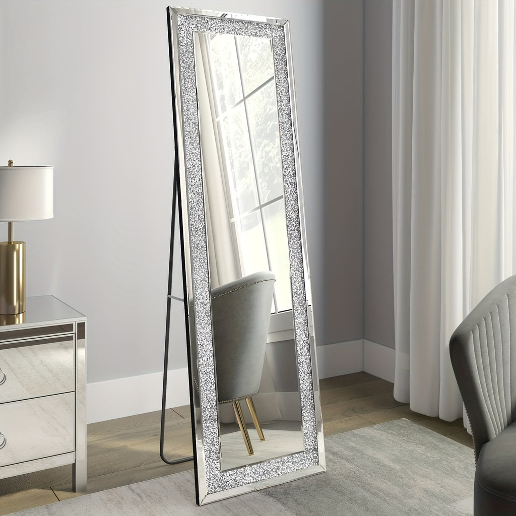 59" Luxury Crystal Diamond Framed Full-Length Mirror, Large Rectangular Floor-Standing Decorative Mirror, Modern And Light Luxury Design, Suitable for Bedrooms, Living Rooms, And Entryways