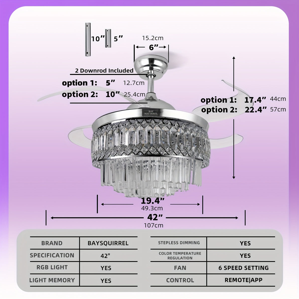 [Smart Ceiling Fan Light] 42" Smart Ceiling Fan Light With RGB Color Changing,, 6-Speed Motor & Dimmable Light Suitable For Bedroom, Living Room, Dining Room, Crystal Chandelier, Memory Function, Voltage Compatible (No Included)