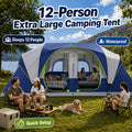 12-Person Camping Tent, Family Cabin Tent with 2/3 Rooms, Weatherproof, Features 6 Large Mesh Windows, Double Layer, Includes Dividing Curtain for Separate Rooms, Portable with Carry Bag