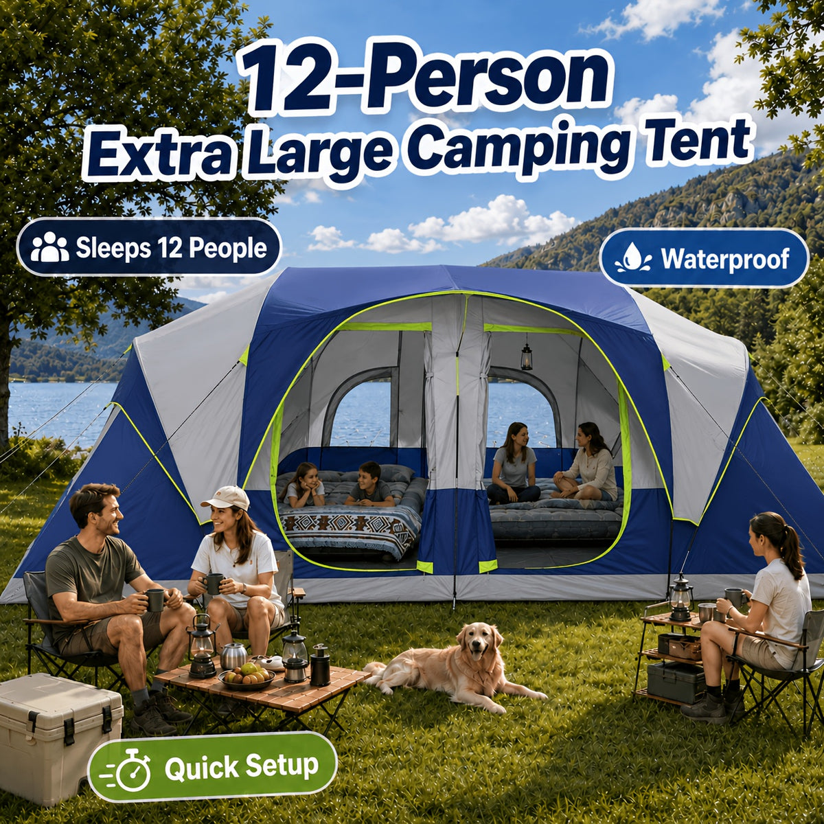 12-Person Camping Tent, Family Cabin Tent with 2/3 Rooms, Weatherproof, Features 6 Large Mesh Windows, Double Layer, Includes Dividing Curtain for Separate Rooms, Portable with Carry Bag