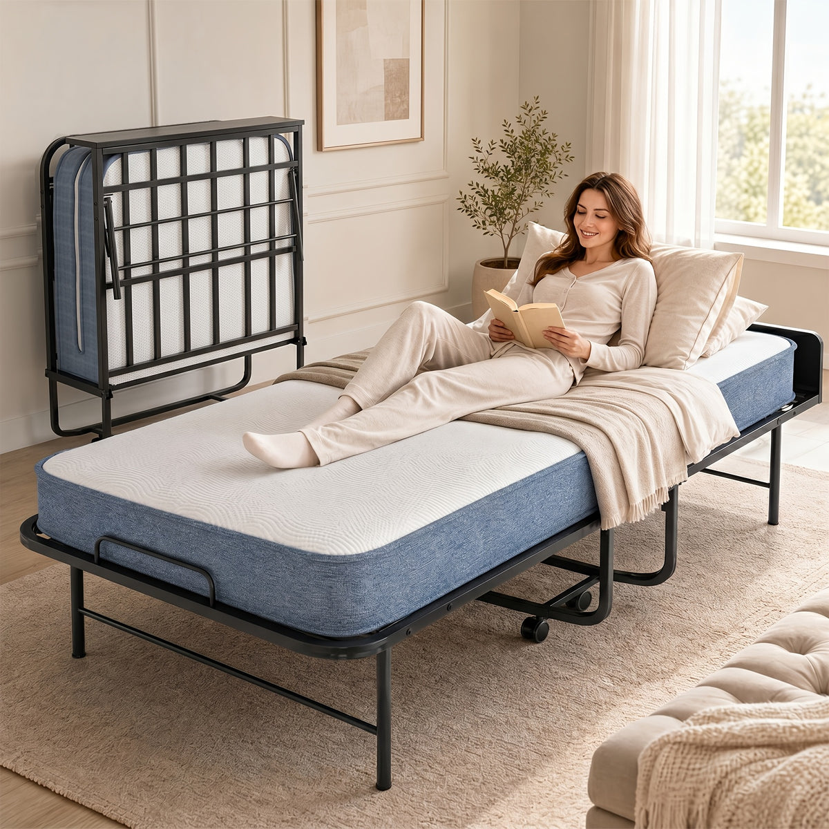 38In/31In Folding Bed with Foam Mattress Rollaway Bed, Space-Saving Guest Bed with Headboard, Portable Foldable Extra Bed for Adults with Sturdy Metal Frame