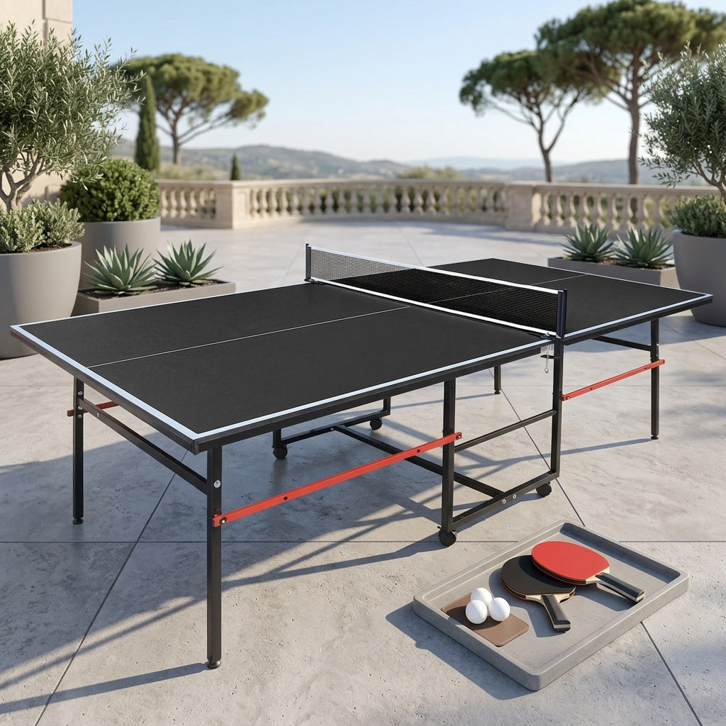 8ft Folding Rolling Table Tennis Table Regulation Ping Pong Table with 2 Paddles 3 Balls 1 Net And Post Set Fold-Up Design 4 Wheels for Easy Movement, BLACK