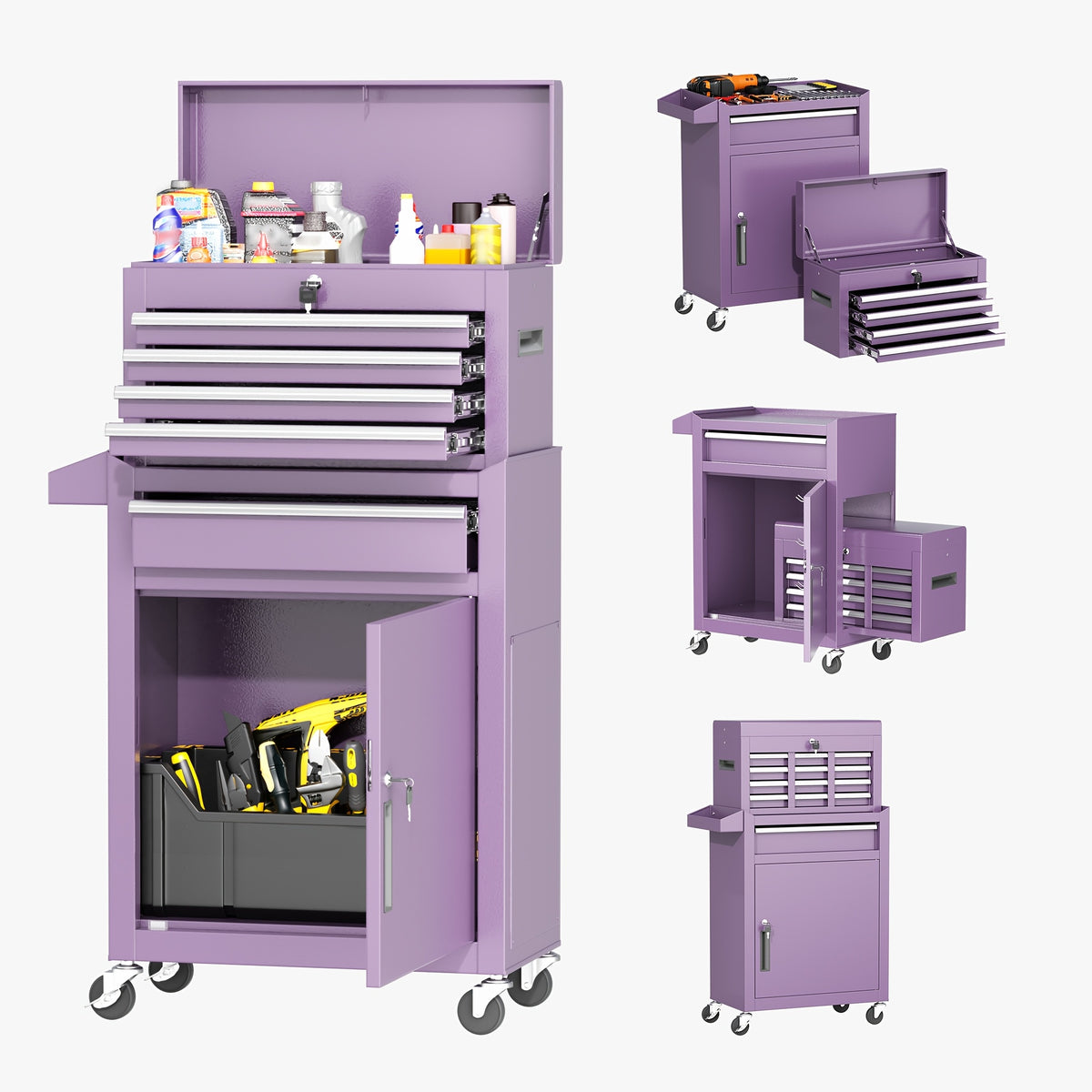 5/8-Drawer Rolling Tool Box, 2-IN-1 Tool Chest On Wheels, Tool Storage Cabinet And Organization For Garage Workshop Warehouse, Lab, Purple/ Pink Tool Box