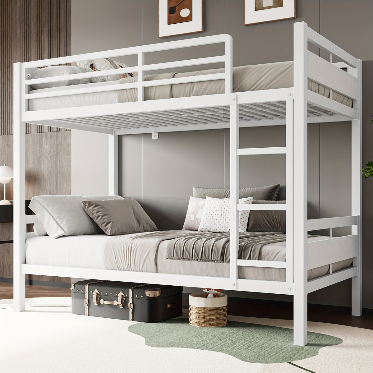 77.5"L Heavy Duty Metal Bed Frame, Twin Over Twin Or Full Over Twin Bunk Bed with Full Length Guardrails And Ladder, Black/Rustic Brown/White Options, Easy Assembly, Suitable for Shared Bedrooms, Bed Frame Without Mattress