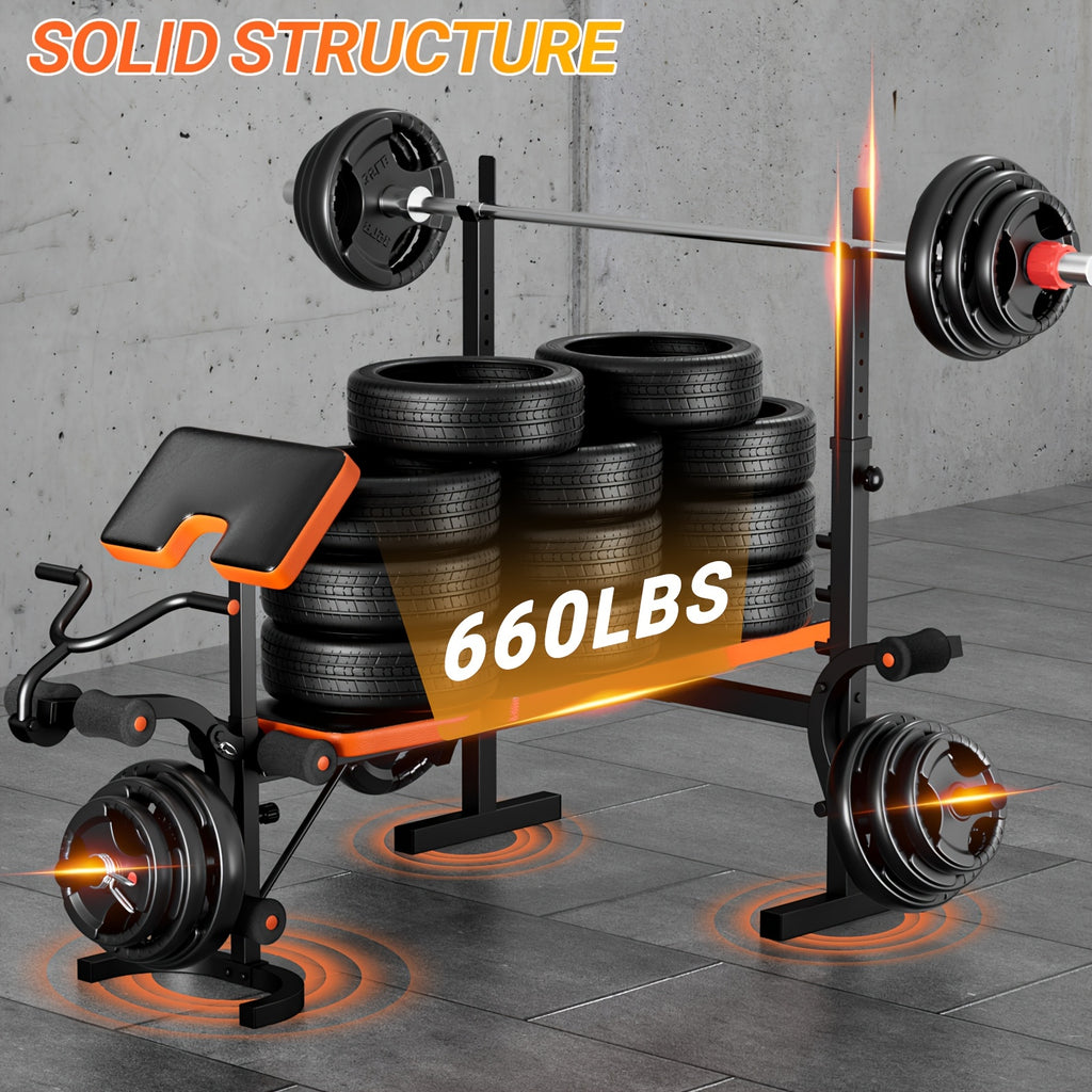6-In-1 Heavy Duty Weight Bench Set with Adjustable Squat Rack, Leg Developer, And Preacher Curl Pad | Professional & Foldable for Full Body Workout | 600Lbs Capacity for Strength Training