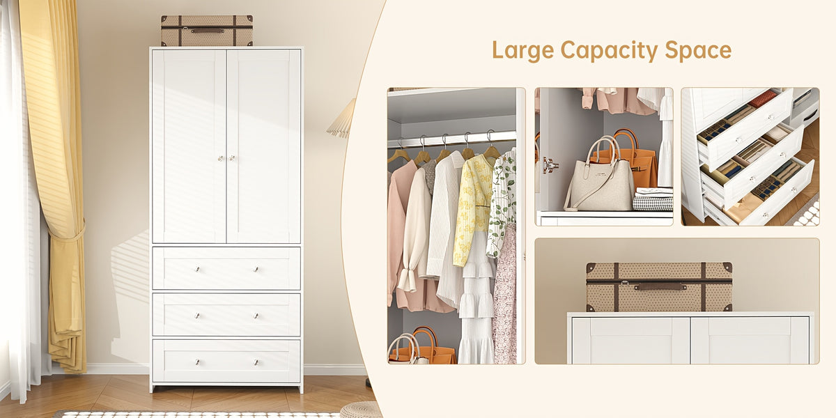31.5" /47.3"/63" Wardrobe Armoire Closet with Mirror & Hanging Rod, Large Drawers & 2/3/4 Doors