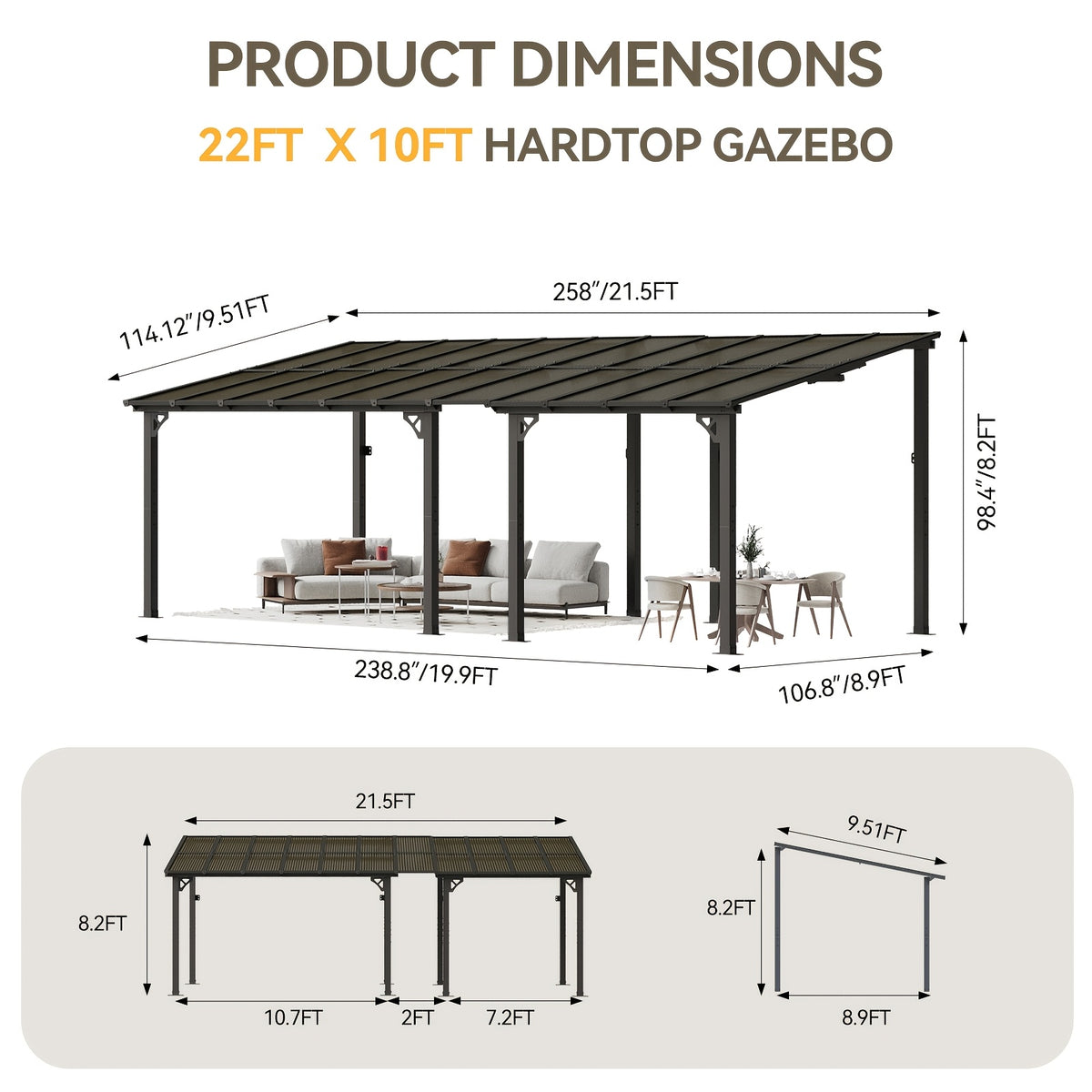 Outdoor Gazebo & Pergola Set - Hard Top Lean-to Wall Mounted Aluminum Alloy Awning With Canopy Roof, Outdoor All-Weather Cover For Patio, Backyard, Deck, Shade & Rain Protection(Multi-size Selection)
