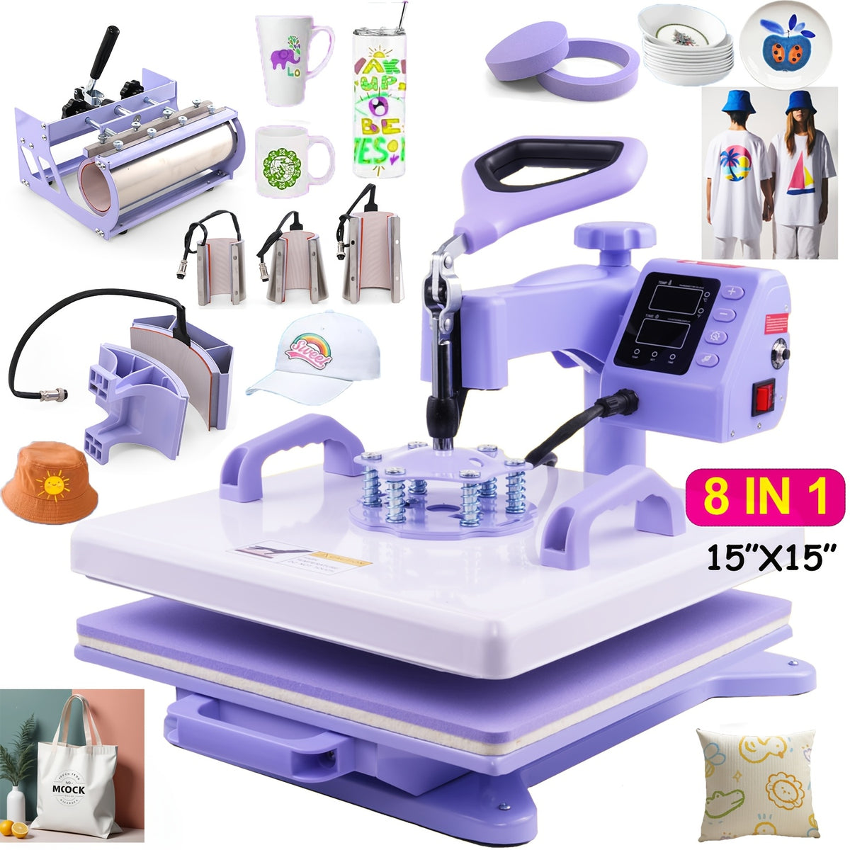 11pcs 8-in-1 - 15"x15"/12"x15" Heat Press Set for T-Shirts, Bags, Pillows, Hats, Beanies, Roller - 12"x10" T-Shirt Machine(Weight 25.35 Lbs) & 15"x15" Auto Single-Workbench & 15"x15" Auto Dual-Workbench Heat Press Only for Cloth, Shirts, Canvas Bags