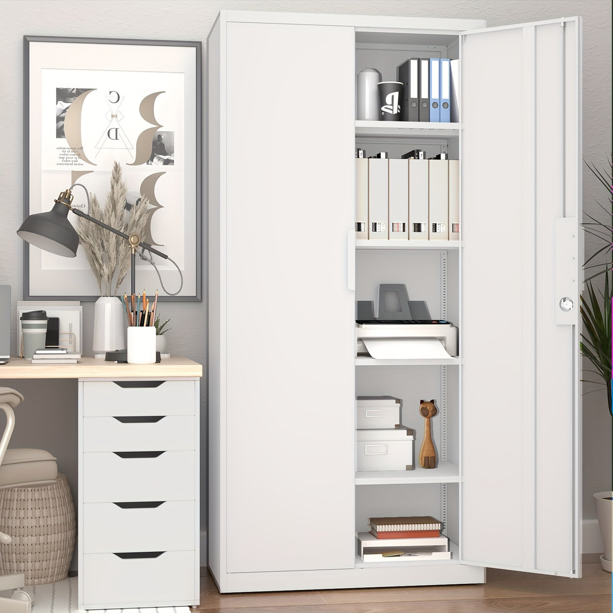 [Metal Storage Cabinet] 71"/72" Office Storage Lockers Metal Garage Storage Cabinet, Steel Locking Storage Cabinet With 2 Doors And 4 Adjustable Shelves For Home Office, Heavy Duty Metal Storage Cabinet For Warehouse, Kitchen, Garage, Black/White