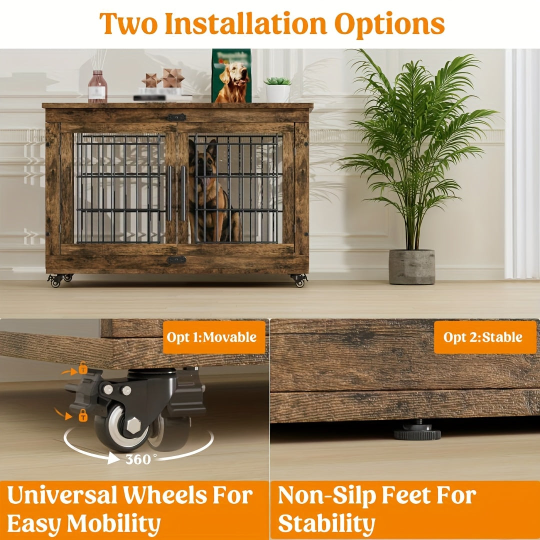 43/36/29/27in Furniture-style Wooden Dog Crate with Anti-Slip Mat, Adjustable Door, Secure Lock, Available In Gray/Brown, Easy to Move with Wheels Or Stable with Anti-Slip Foot Pads, Easy to Clean Pet Cage, Ideal for Home, Living Room Or Bedroom